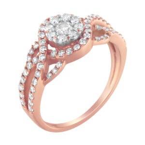 10K Rose Gold 3/4 Cttw Diamond Floral Cluster Head and Twisted Shank Cocktail Ring (H-I Color, SI1-SI2 Clarity)- Size 7