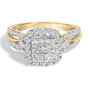 10K Yellow Gold 1.0 Cttw Diamond Composite Cushion-Shape Halo 3-Band-Look Engagement Ring (H-I Color, SI1-SI2 Clarity) - Size 6-1/4